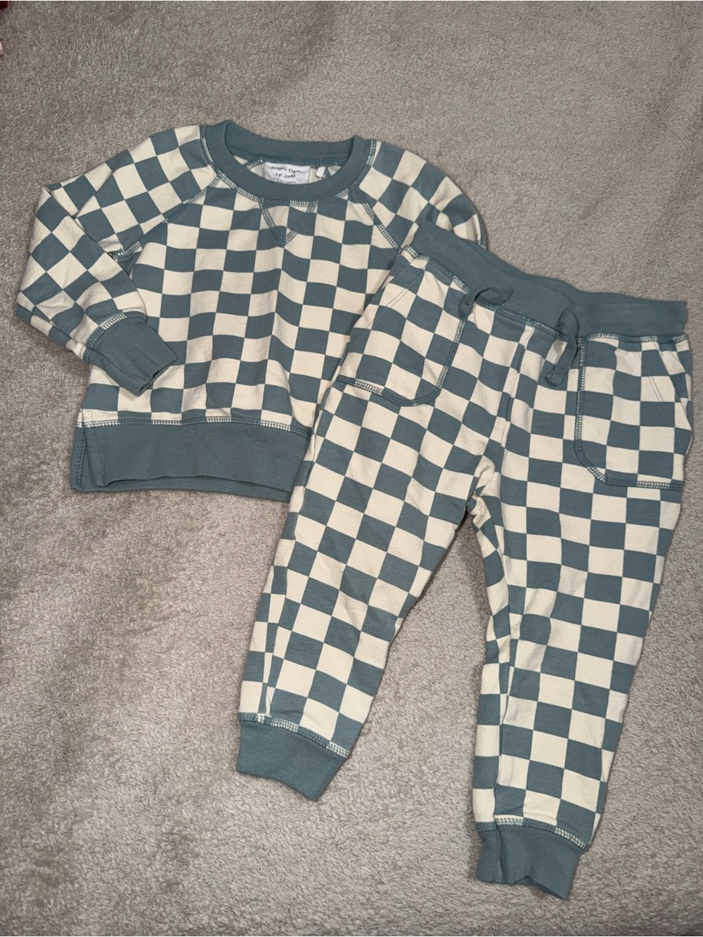 Kids Checkerboard Sweatshirt & Jogger Pajama Set - Blue Cream